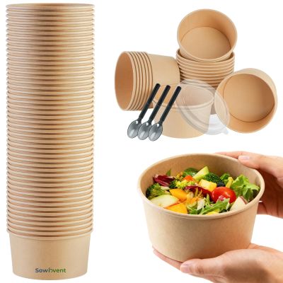 Sowinvent 25 oz Disposable Kraft Paper Bowls with Lids and Sporks, 48 Sets Leak-Proof Meal Prep Containers for Hot & Cold Food, Soup, Salad, Snacks, Ice Cream, Desserts, Food Bowls