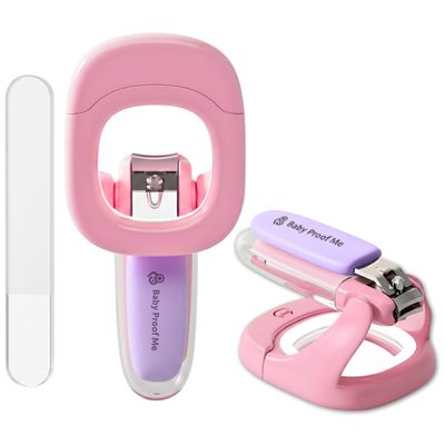 Baby Proof Me Baby Nail Clipper & File with LED Light, Fingernail Cutter with Catcher for Newborn, Infants & Toddlers- Magnifier for Ultra Visibility, Baby Essentials Nail Trimmer (Pink)