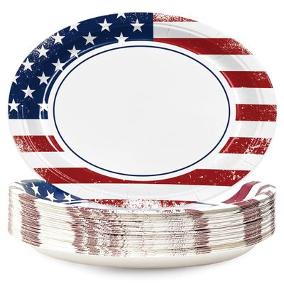 Detanpoly 50Pcs Patriotic Oval Paper Plates 10" X 12" Large Duty Veterans Day Plates American Flag Patriotic Party Supplies for Independence Day Party Decorations