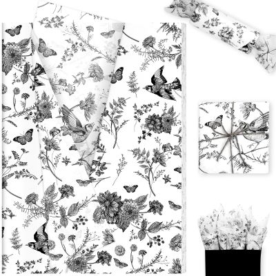 Azurestore 60 Sheets Flower Bird Tissue Paper, Flower Bird Tissue Paper for Spring Themed Birthday Wedding Baby Shower DIY Craft (Retro) (Black)