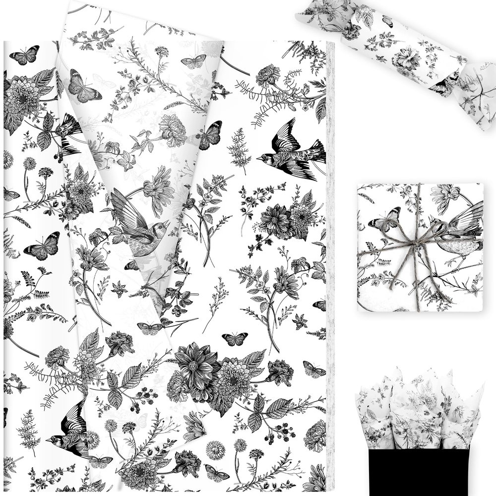 Azurestore 60 Sheets Flower Bird Tissue Paper, Flower Bird Tissue Paper for Spring Themed Birthday Wedding Baby Shower DIY Craft (Retro) (Black)