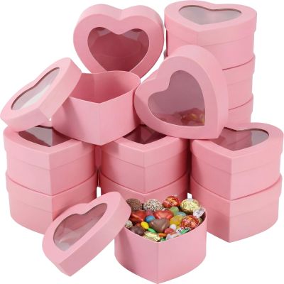 Lerheedi 12 Pcs Small Heart Shaped Boxes - 4 x 2 Inch Wedding Nesting Gift Boxes with Window, Heart Paper Decorative for Wedding Bridal Shower Gift Wrapping Party Decor(Pink)