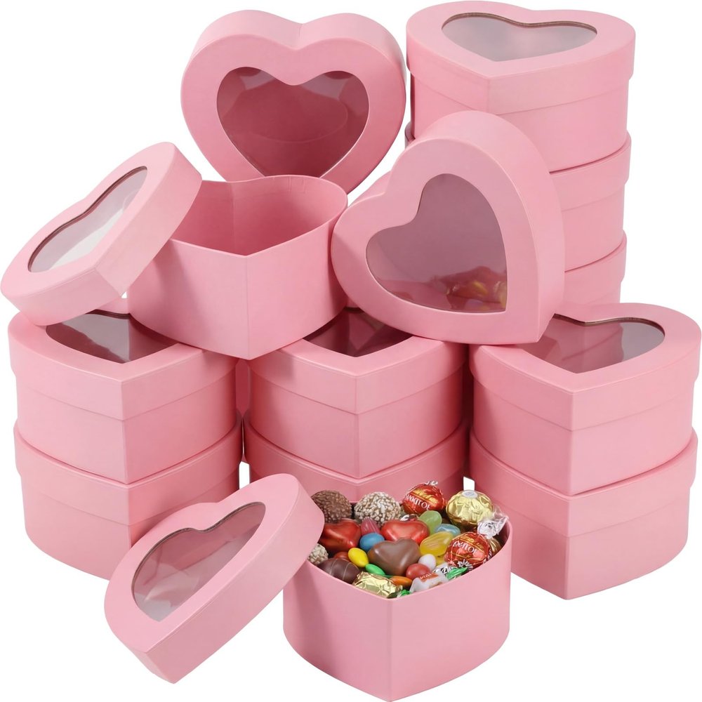 Lerheedi 12 Pcs Small Heart Shaped Boxes - 4 x 2 Inch Wedding Nesting Gift Boxes with Window, Heart Paper Decorative for Wedding Bridal Shower Gift Wrapping Party Decor(Pink)