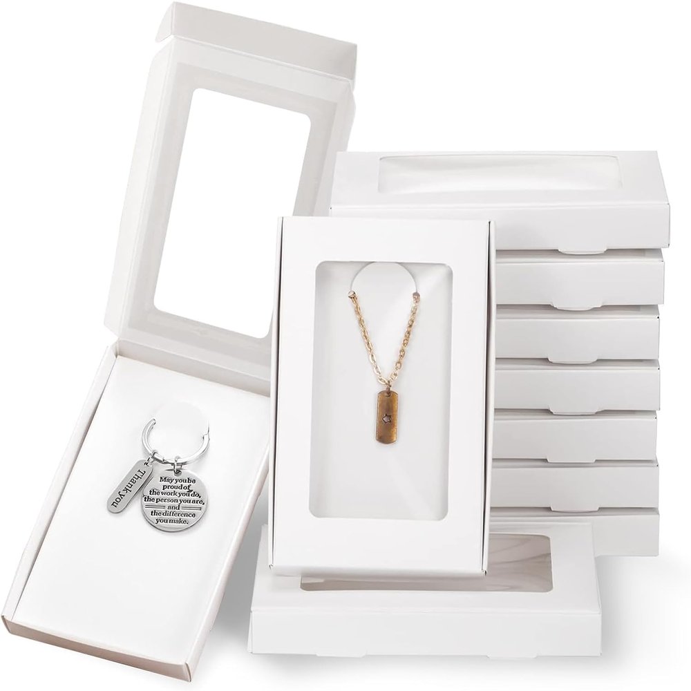 10 Pcs Jewelry Packaging Keychain Boxes 5.4"x3.4"x0.7" Paper Necklace Gift Box with Clear Window Displaying Necklaces Rings Bracelets Earrings Keychain
