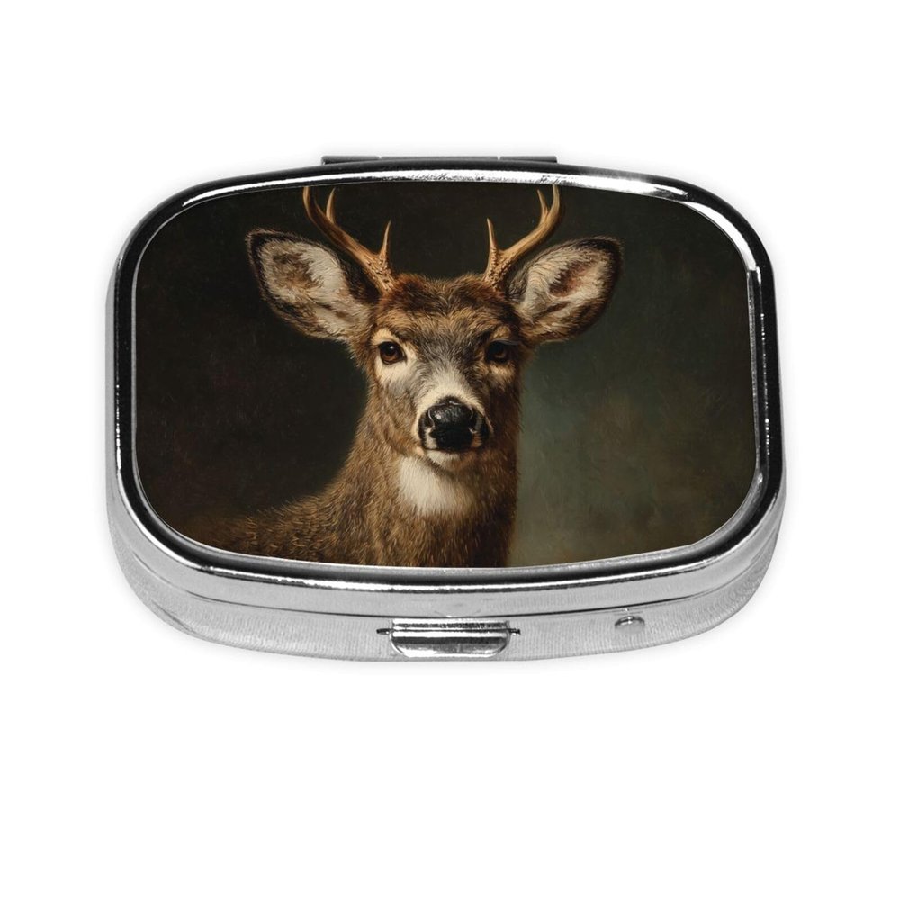 Elegant Deer Standing Vintage Dark Pill Box Square Metal Pill Case with 2 Compartment Travel Pill Organizer for Vitamins Medication