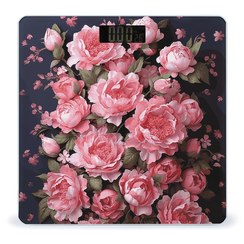 Peony Flowers Scale for Body Weight Anti-Slip Digital Bathroom Scale Sturdy Toughened Glass Weighing Scales High Precision Safe Rounded Corners Smart Scales