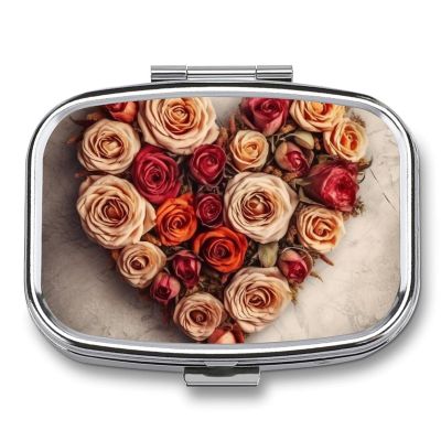Square Pill Box Valentine Rose Heart Shape Pill Case for Purse & Pocket 2 Compartment Medicine Pill Organizer Portable Travel Pillbox Medicine Vitamin Cod Liver Oil Storage Box