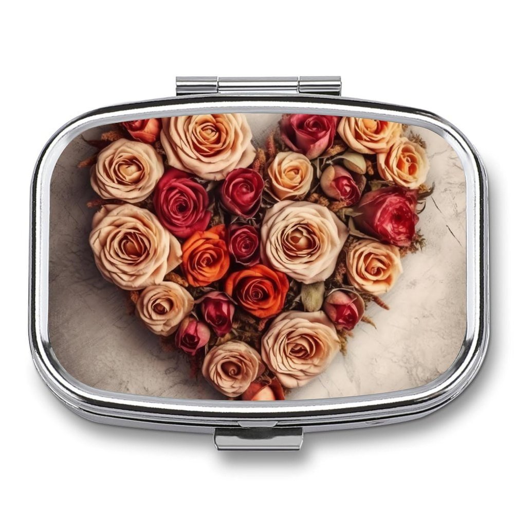 Square Pill Box Valentine Rose Heart Shape Pill Case for Purse & Pocket 2 Compartment Medicine Pill Organizer Portable Travel Pillbox Medicine Vitamin Cod Liver Oil Storage Box