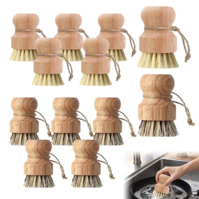 12 Pcs Bamboo Dish Brush Set, Palm Wooden and Sisal Bristles Dish Scrubber, Dish Brushes with Lanyard, Durable Wood Dishes Scrub, Natural Round Vegetable Cleaning Pots Pans Sink Washing Kitchen Brush