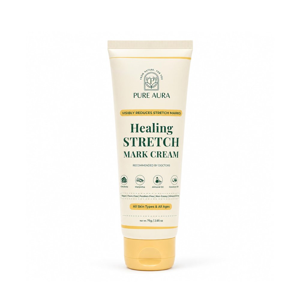 PURE AURA Healing Stretch Mark Cream, Ayurvedic Blend with Coconut, Almond & Centella, Hydrating, Clinically Proven, 60ml