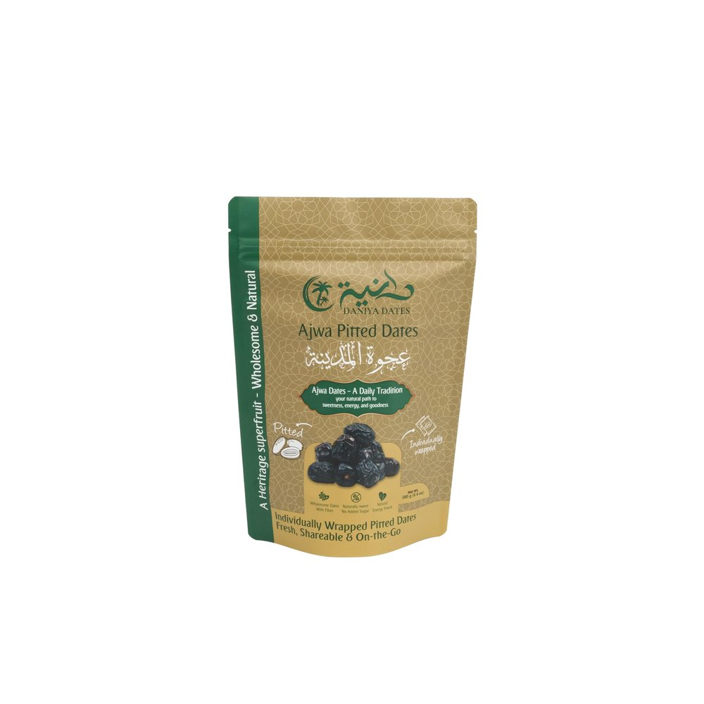 Daniya Premium Ajwa Pitted Dates 6.35oz (180g) | Pack of 12 | A Daily Tradition | Wholesome and Natural | Your Natural Path to Sweetness, Energy and Goodness