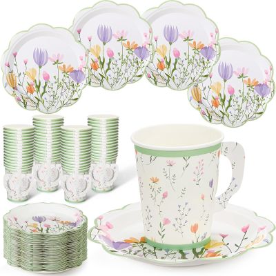 FillTouch 100 Sets Wildflower Floral Paper Tea Cups and Saucers Disposable Paper Tea Party Supplies 9 oz Cups with Handle and Saucer for Birthday Wedding Party Decorations