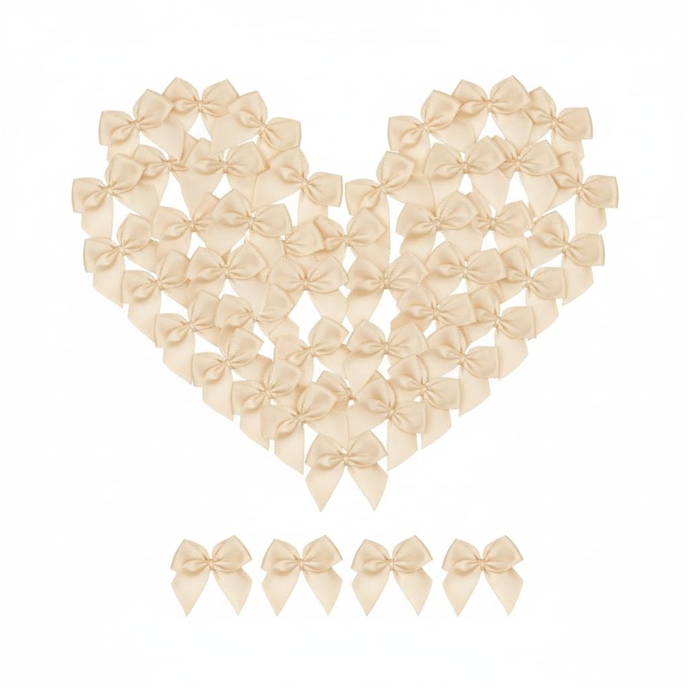 100 Mini Satin Ribbon Bows, Small Bows for Balloon Garland, Cake Decorating, Gift Wrapping, DIY Crafts (Champagne)