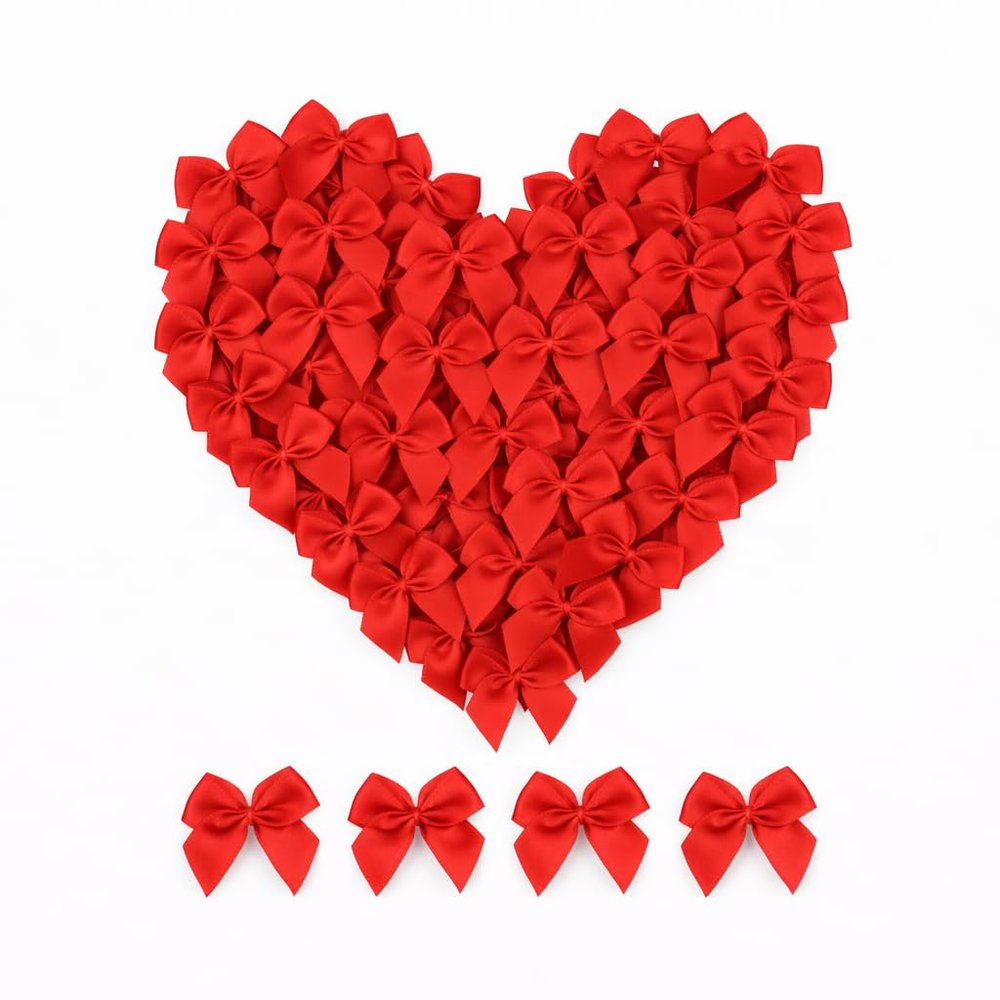 100 Mini Satin Bows with Adhesive Dots, Small Decorative Ribbon Bows for Gift Wrapping, Crafts, Party Decorations (Red)