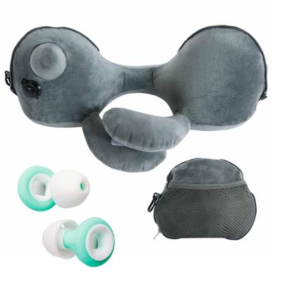 Airplane Travel Pillow with 360 Neck Support & Noise Reducing Ear Plugs Ultimate Accessories Set for Frequent Flyers, Long Flights, Car Rides Ergonomic Compact Gadgets
