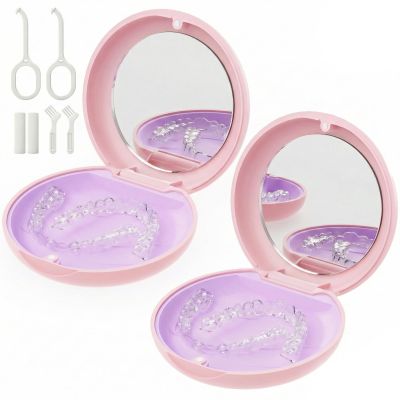 2 Pack Retainer Case with Mirror, Magnetic Aligner Case Compatible with Invisalign, Portable Slim Orthodontic Storage Kit for Clear Aligners - Pink