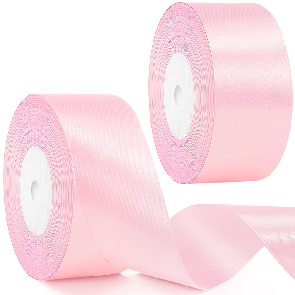 1-1/2 Inch Pink Satin Ribbon, 50 Yards (2 Rolls), Light Pink Single-Face Polyester Ribbon for Gift Wrapping, Wedding, DIY Crafts, Hair Bows