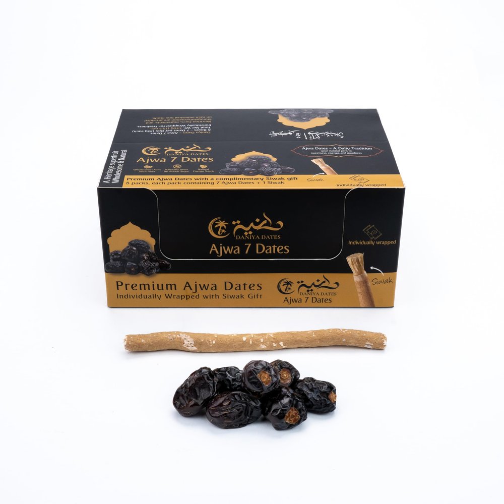 Daniya Premium Ajwa Dates 55g (7 Dates + 1 Miswak) | Pack of 6 | Daily Pack with Siwak | Wholesome and Natural | Your Natural Path to Sweetness, Energy and Goodness