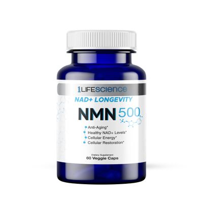1LifeScience NMN500 Nicotinamide Mononucleotide Supplement 500mg per Serving NAD+ Longevity & Cellular Energy Support cGMP Made in USA 60 Veg Capsules
