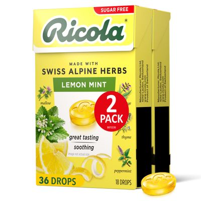 Ricola Sugar Free Lemon Mint - Travel Sized Voice Refreshment - 18 CT Box, Pack of 2
