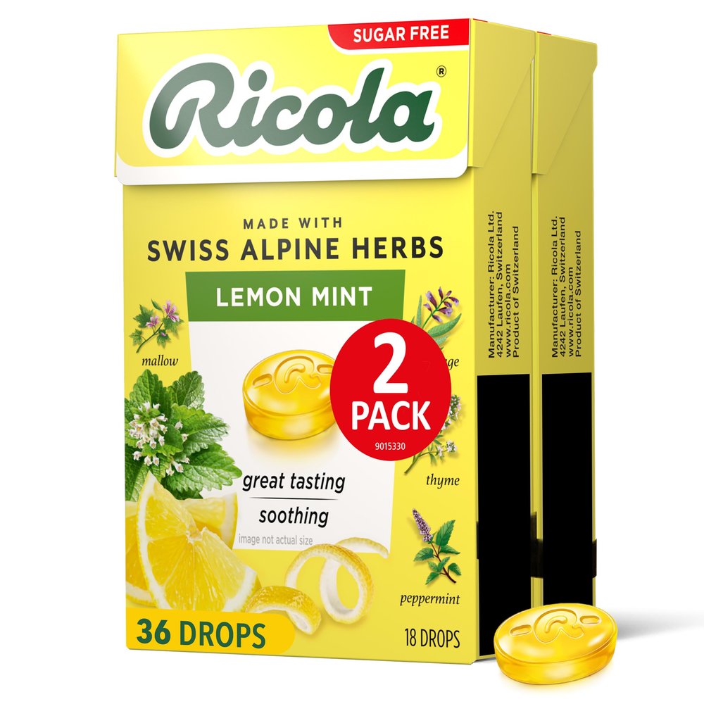 Ricola Sugar Free Lemon Mint - Travel Sized Voice Refreshment - 18 CT Box, Pack of 2