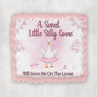 10" by 8" Pink Silly Goose Will Almost Be On The Loose Themed Edible Image Girl Baby Shower Cake Topper, Frosting Sheet Decoration Holiday Edible Cake Sticker Decal