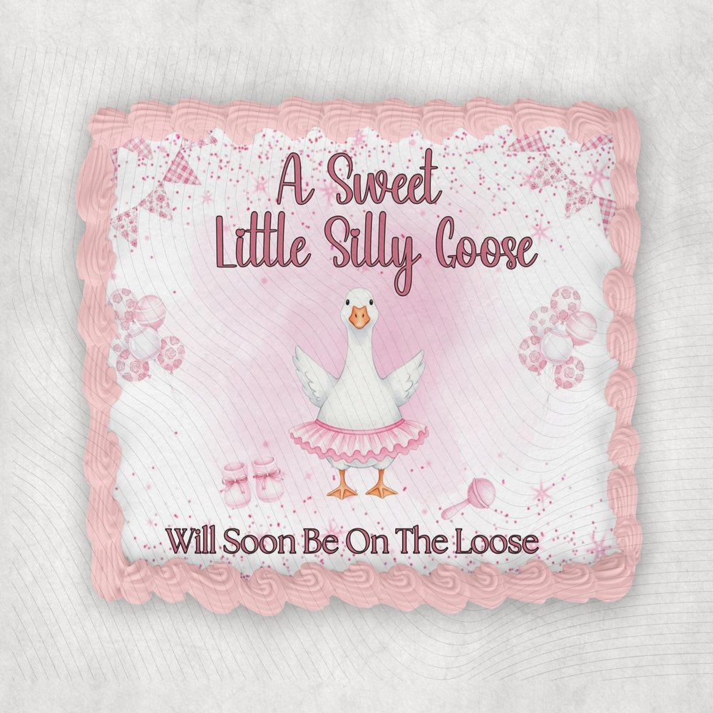 10" by 8" Pink Silly Goose Will Almost Be On The Loose Themed Edible Image Girl Baby Shower Cake Topper, Frosting Sheet Decoration Holiday Edible Cake Sticker Decal