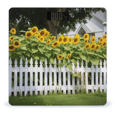 Sunflowers White Picket Fence Scale for Body Weight Anti-Slip Tempered Glass Digital Bathroom Scales Clear LCD Display Weighing Scale Safe Rounded Corners Smart Scales