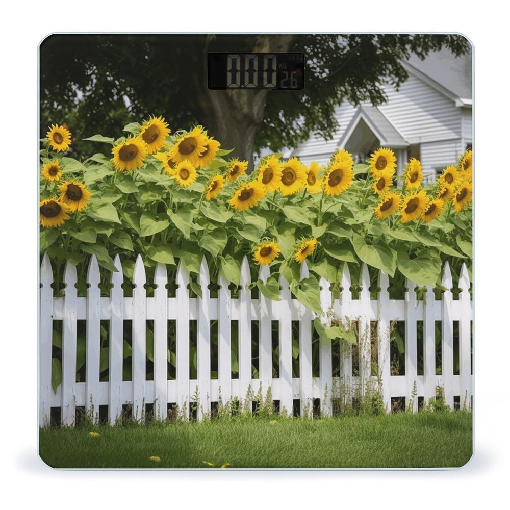 Sunflowers White Picket Fence Scale for Body Weight Anti-Slip Tempered Glass Digital Bathroom Scales Clear LCD Display Weighing Scale Safe Rounded Corners Smart Scales