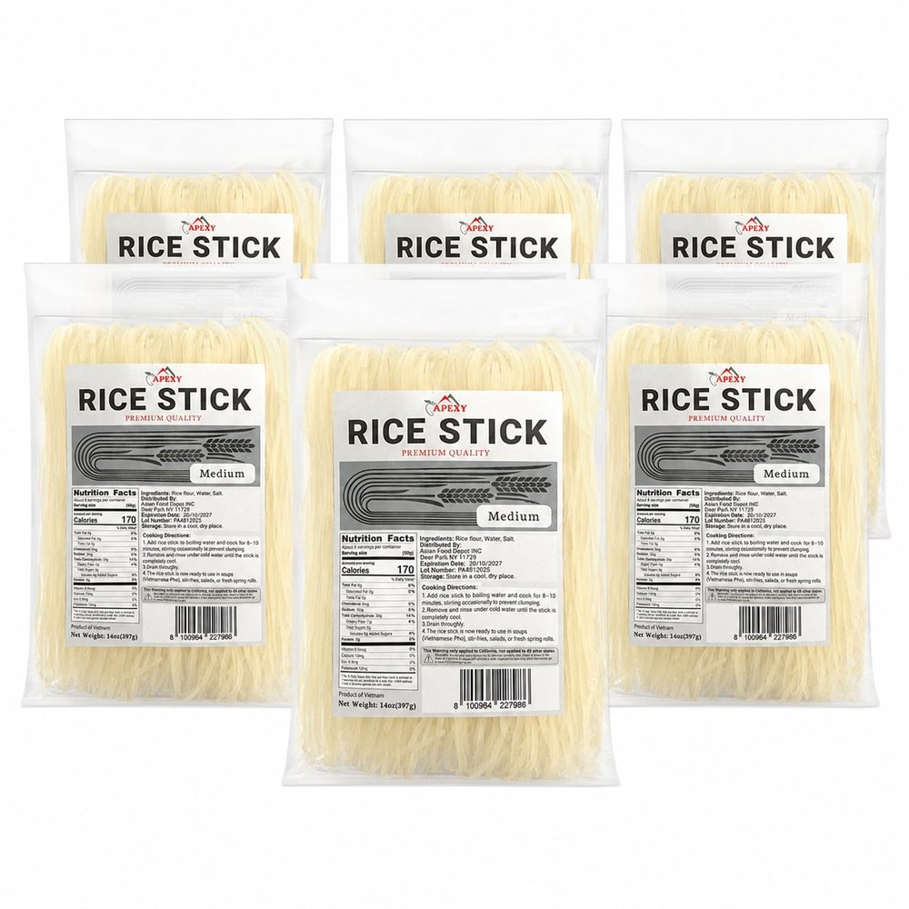 APEXY Rice Stick Noodles, 14 oz Pack of 6, Medium Rice Noodles for Pad Thai, Pho, Stir-Fry, Soup, Spring Rolls & Asian Cooking