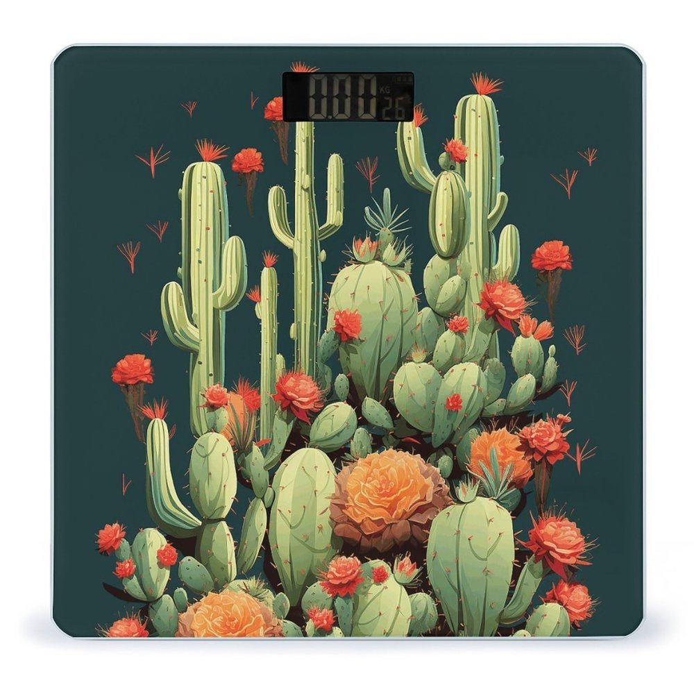 Cactus Art Scale for Body Weight Anti-Slip Tempered Glass Digital Bathroom Scales Clear LCD Display Weighing Scale Safe Rounded Corners Smart Scales