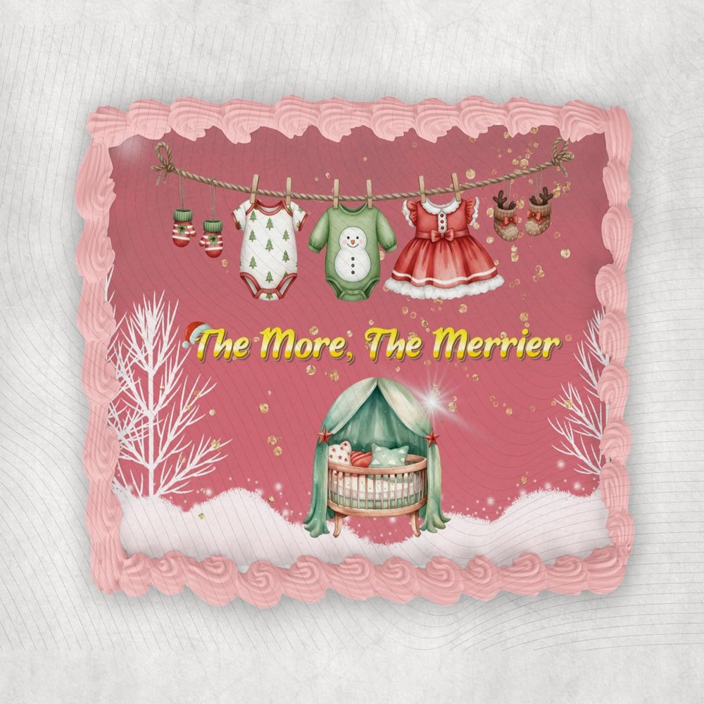 10" by 8" The More, The Merrier Christmas Themed Edible Image Baby Shower Cake Topper, Frosting Sheet Decoration Holiday Edible Cake Sticker Decal