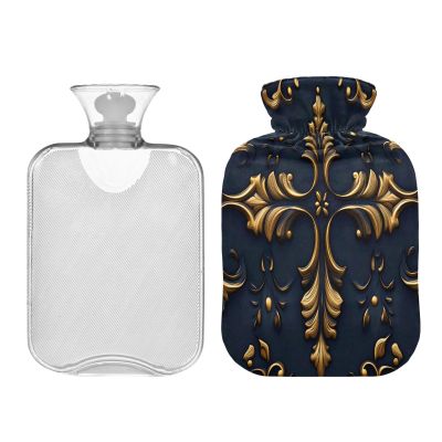 Black and Gold Vintage Flowers hot Water Bottle with Soft Cover 2L Water Bottle Bag for Period Cramps Arthritis bolsas de agua Caliente para Dolores
