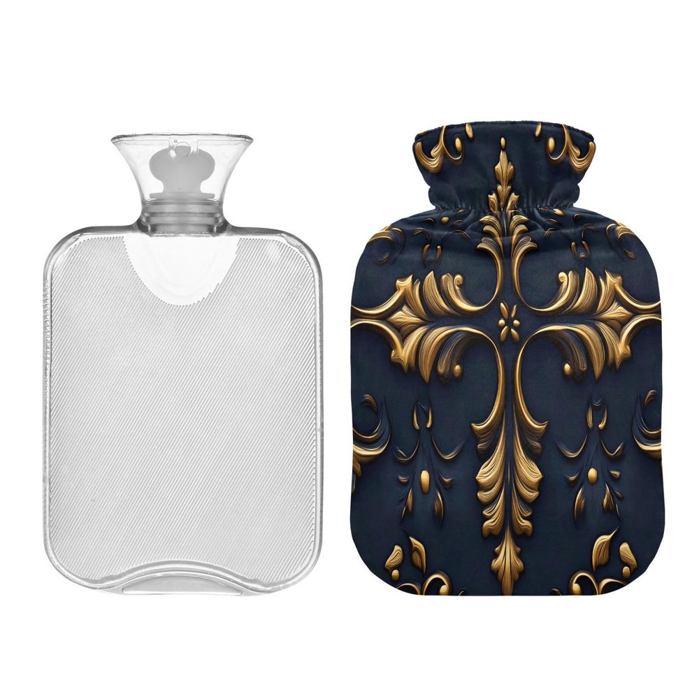 Black and Gold Vintage Flowers hot Water Bottle with Soft Cover 2L Water Bottle Bag for Period Cramps Arthritis bolsas de agua Caliente para Dolores