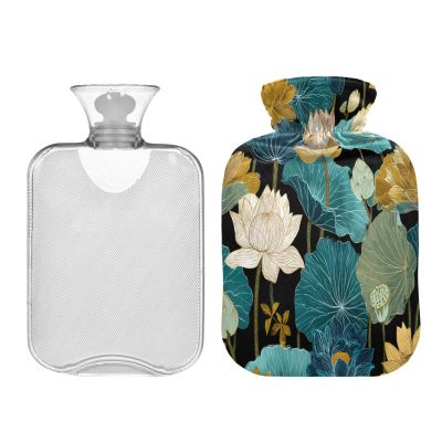 Elegant Water-Lilies Blue Retro Water Bottle for hot Water with Soft Cover 2L Warm Bottle for Bed Hot and Cold Therapies Neck and Shoulder Pain Relief Bolsa para clicos menstruales