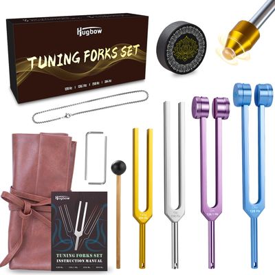 Hugbow Tuning Forks for Healing, 4 PCS Aluminum Alloy Tuning Fork 128Hz, 136.1Hz, 256Hz, 384Hz, Hockey Puck Activator & Feet, Chain, Weighted & Unweighted Tuning Fork Set with Vegan Leather Pouch