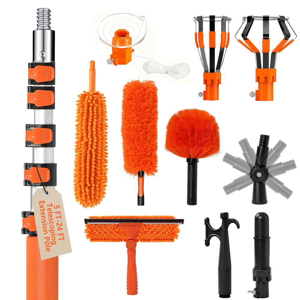30FT Light Bulb Changer for High Ceilings with 5-24FT Heavy Duty Extension Pole,High Ceiling Fan Duster Extendable Reusable Cobweb,Feather,Window Cleaning Squeegee Kit for Home & House,Interior Roof