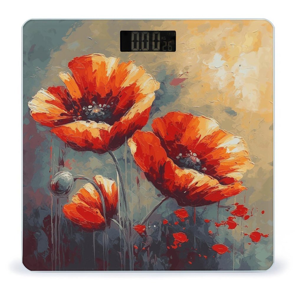 Simple Flower Oil Painting Scale for Body Weight Anti-Slip Tempered Glass Digital Bathroom Scales Clear LCD Display Weighing Scale Safe Rounded Corners Smart Scales