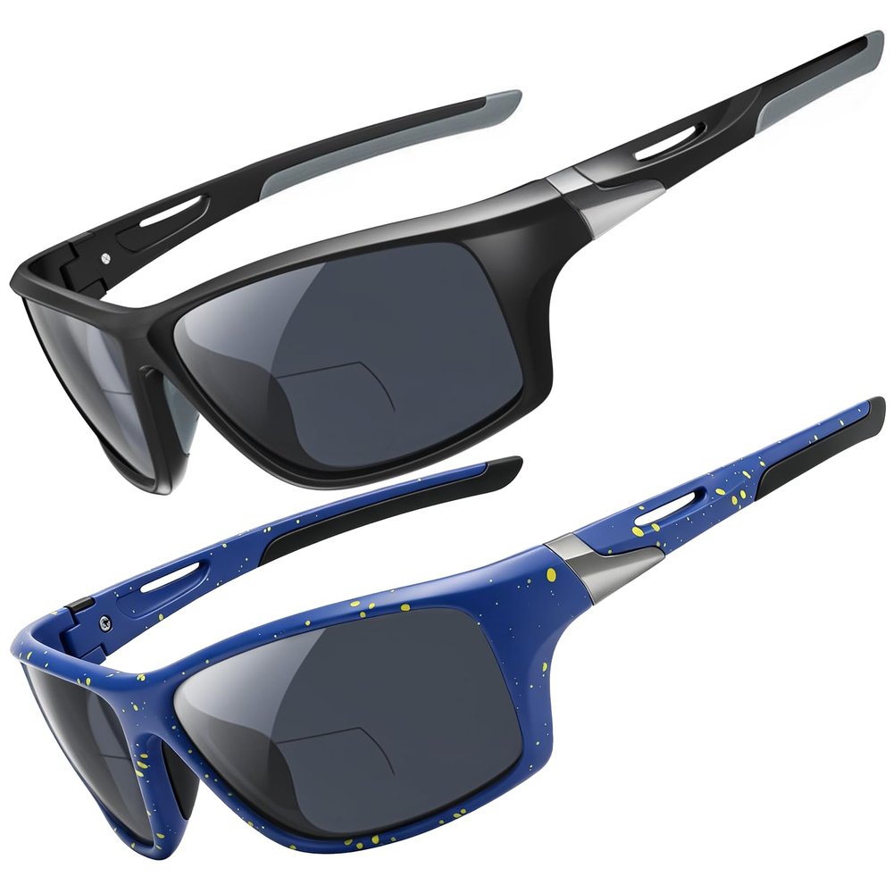 DEHOTRE 2 Pack Bifocal Reading Sunglasses Men Wrap Around Sports Sun Readers Outdoor Clear Top Soft Nose Pads PC Frame UV400 Black & Blue 2.25