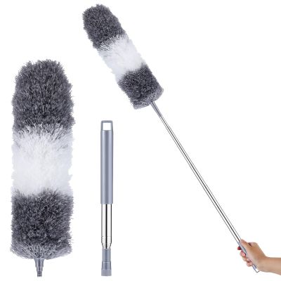 Microfiber Duster for Cleaning with 1.4M Extendable Handle, Flexible Ceiling Fan and Under Furniture Dust Cleaner, Gray-White Plumage Duster Set for Home Use Style