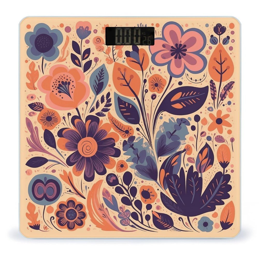 Orange and Purple Flowers Scale for Body Weight Anti-Slip Tempered Glass Digital Bathroom Scales Clear LCD Display Weighing Scale Safe Rounded Corners Smart Scales