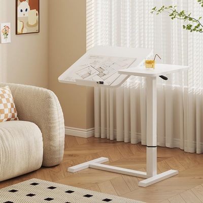 Majnesvon Overbed Bedside Table, Adjustable Mobile Computer Desk with Split Dual Desktop & Pneumatic Gas Spring Lift, Foldable Portable Standing Desk for Hospital, Home, Office (White)