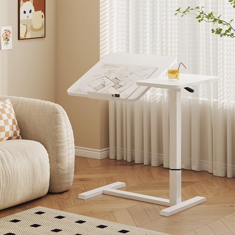 Majnesvon Overbed Bedside Table, Adjustable Mobile Computer Desk with Split Dual Desktop & Pneumatic Gas Spring Lift, Foldable Portable Standing Desk for Hospital, Home, Office (White)