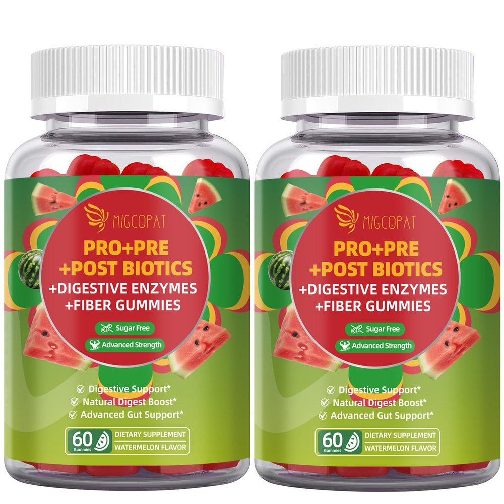 Migcopat Pre Post Probiotics Gummies,Probiotic Prebiotic Postbiotic Digestive Enzymes with Fiber, 120 Billion CFU Probiotics - Digestive Health, Sugar Free, Vegan, Watermelon, 120 Cts