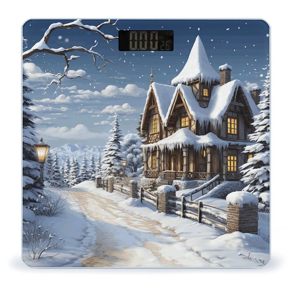Christmas Winter Happy Scene Scale for Body Weight Anti-Slip Tempered Glass Digital Bathroom Scales Clear LCD Display Weighing Scale Safe Rounded Corners Smart Scales