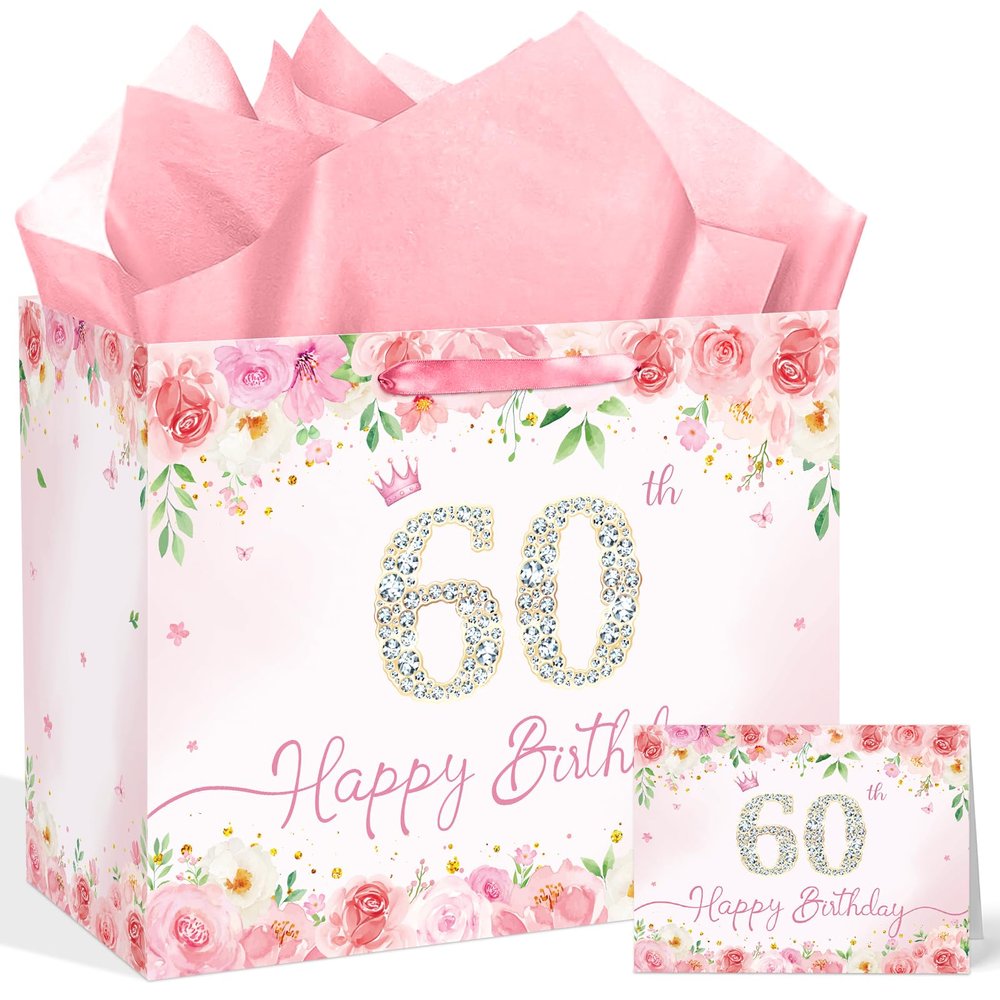 QISOLIY Pink Floral 60th Birthday Gift Bag for Women Large Elegant Happy 60th Birthday Bag with 3 Tissue Paper and 1 Greeting Card Included, 13 Reusable Rose Gift Bag for Mom, Grandma, or Friend