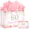 QISOLIY Pink Floral 60th Birthday Gift Bag for Women Large Elegant Happy 60th Birthday Bag with 3 Tissue Paper and 1 Greeting Card Included, 13 Reusable Rose Gift Bag for Mom, Grandma, or Friend view 1