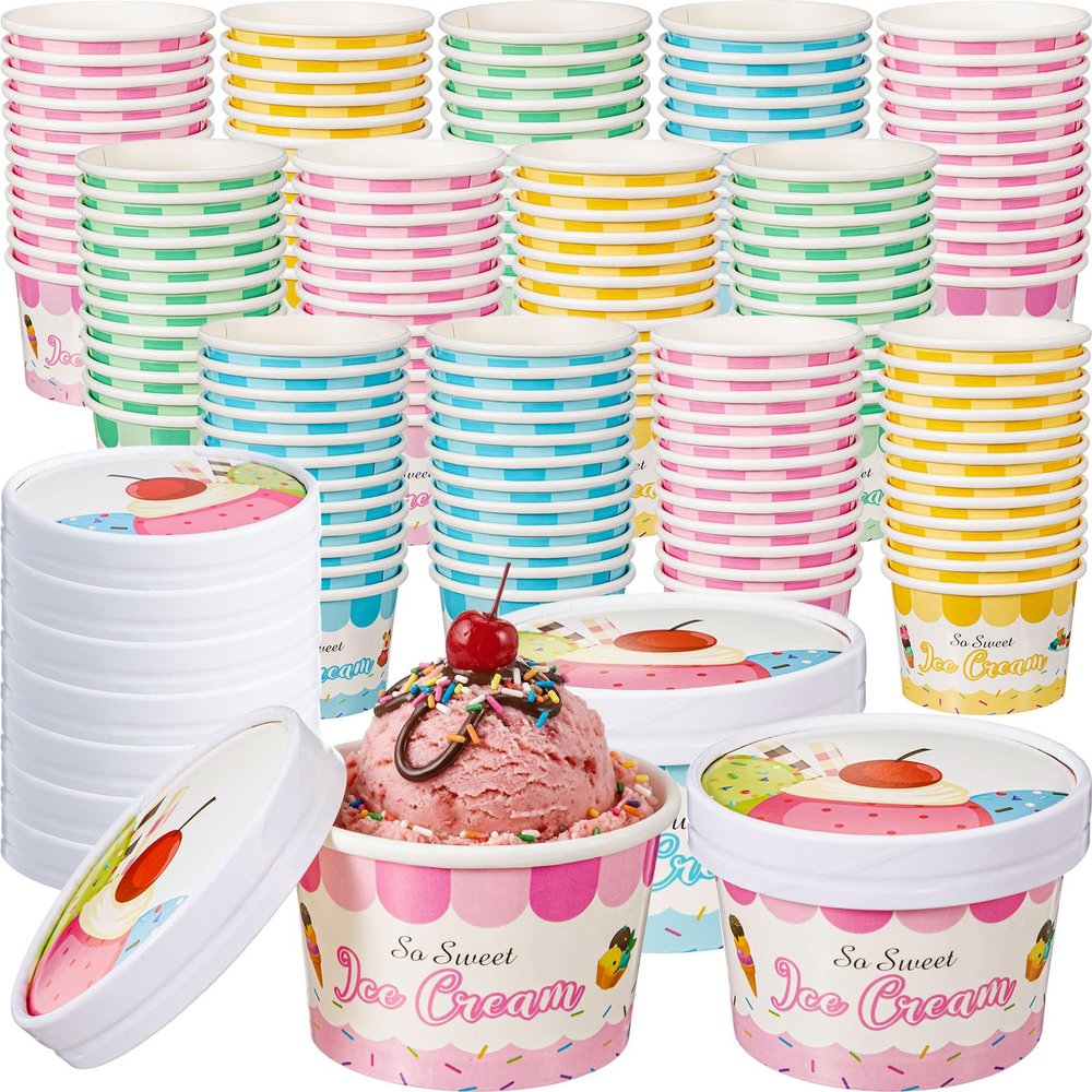 Jingmore 64 Pcs 8oz Paper Ice Cream Cups with Lids, Ice Cream Containers Disposable Sundae Dessert Bowls, Frozen Yogurt Containers Party Supplies for Hot and Cold Food, Soup, Salad, Fruit