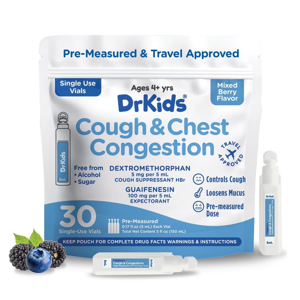 Dr. Kids Children's Cough & Chest Congestion - Non-Drowsy Decongestant for Kids, Cough and Mucus Relief, Pre-Measured Single-Use Vials, Kids Cough Medicine, Mixed Berry Flavor, 30 Count
