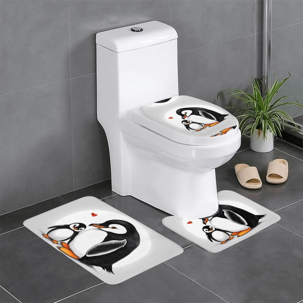 WHJSSF I Love Penguins Picture Bathroom Anti Slip Quick Drying Three Piece Set, Slip Quick Drying Durable Shower Bath mat
